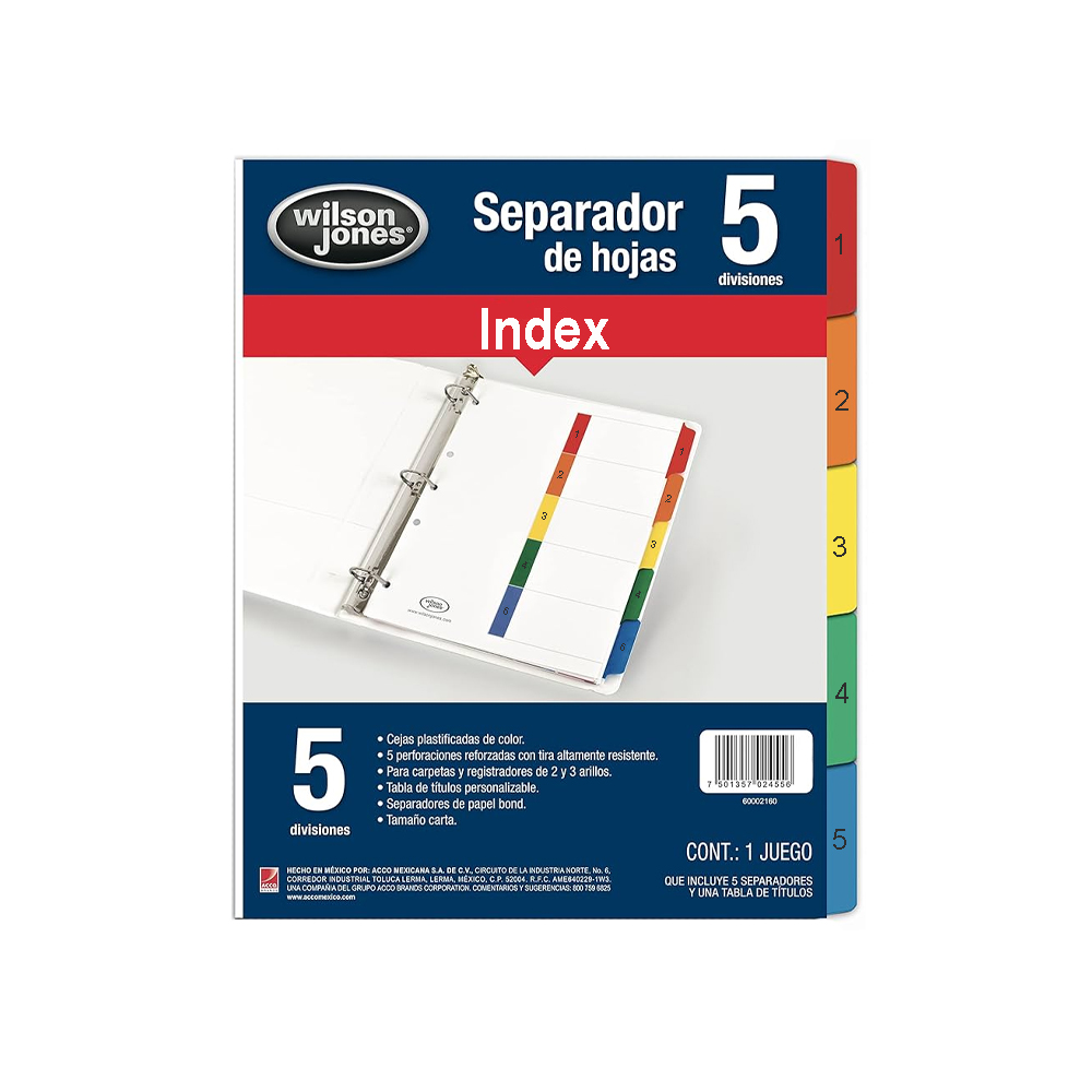 Separador Numerico 1-5 Multicolor Tamaño Carta Wilson Jones