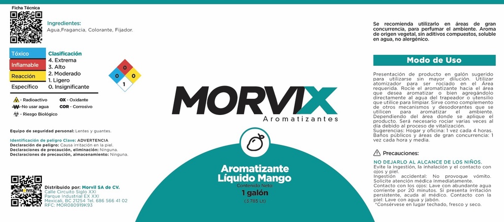 Aromatizante Morvix Liquido Base Agua Mango/Sandia 3.785 L