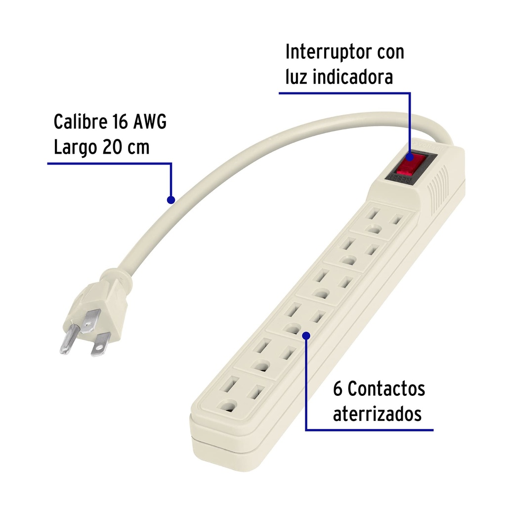 Regleta P/Conexion D/6 Tomas 20cm Blanco Volteck