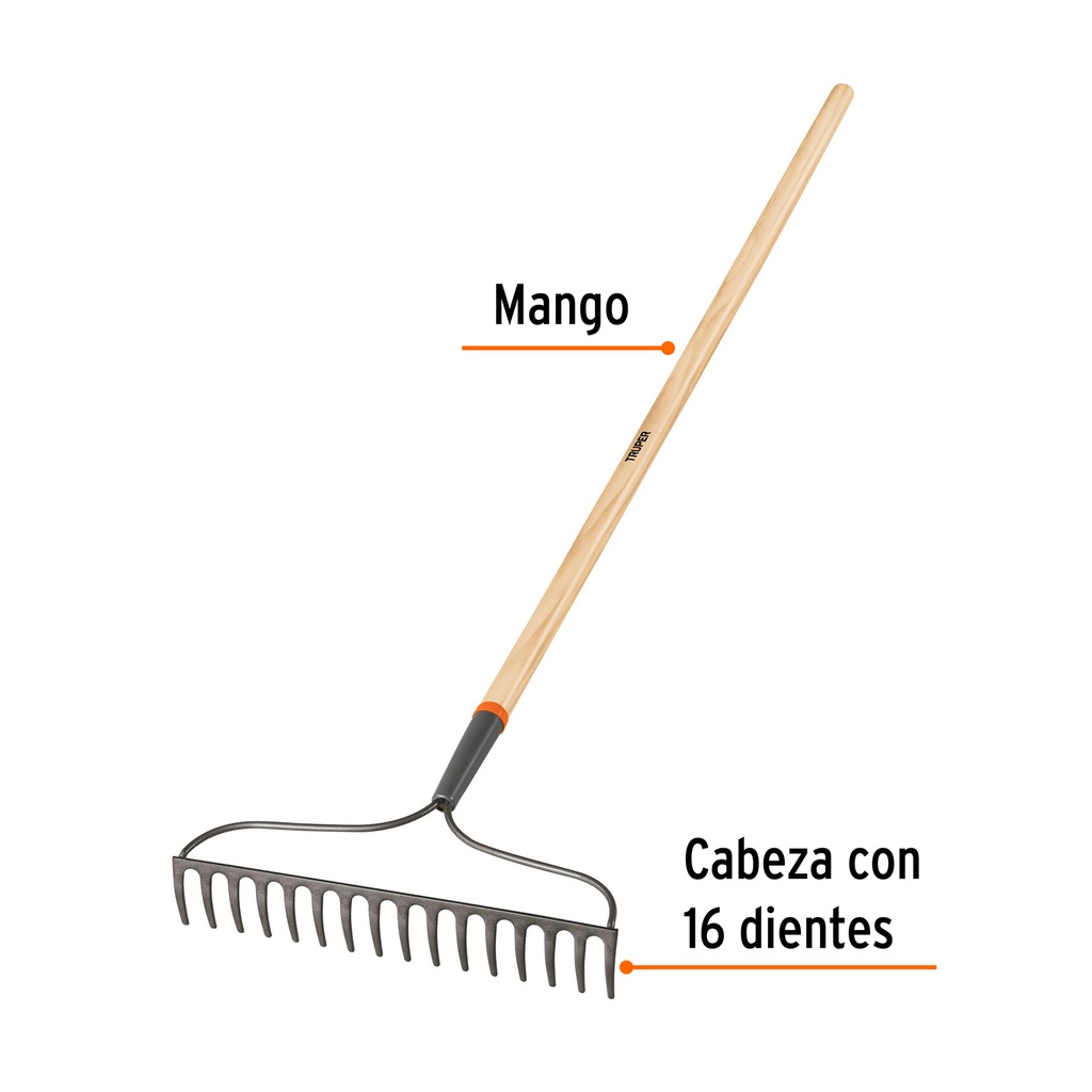 Rastrillo Clasico De Jardinero 16 Dientes Mango 54" Truper