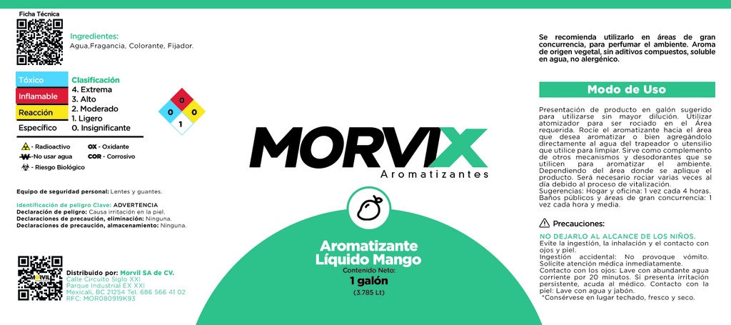 Aromatizante Morvix Liquido Base Agua Cubeta Mango/Sandia 20