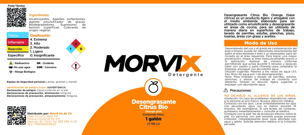Desengrasante Citrus Bio Orange Plus Galon 3.785 Lts Morvix