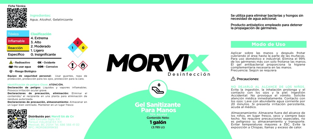 Gel Antibacterial 70% Alcohol 3.785 Lts C/Humectante Morvix