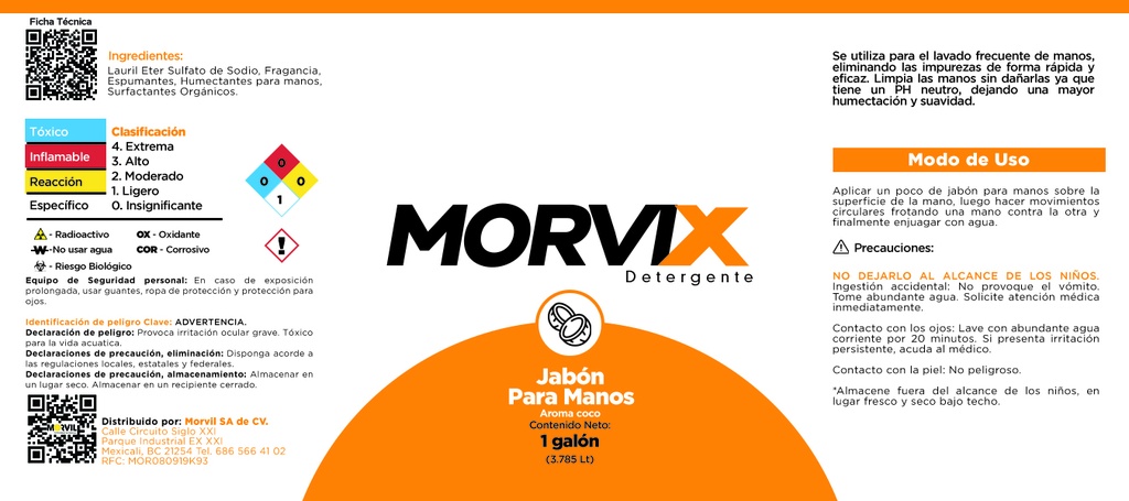 Jabon Para Manos 3.785 Lts Coco Morvix