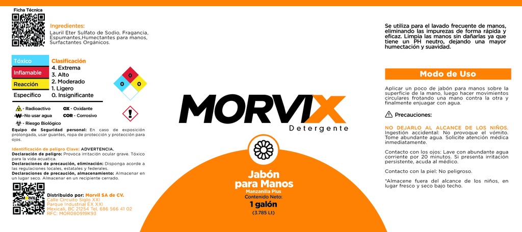 Jabon Para Manos 3.785 Lts Manzanilla Plus Morvix