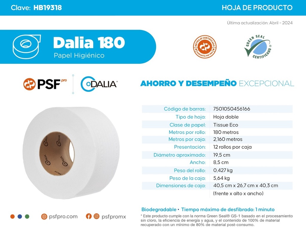 Papel Higienico 180 Mts HD180 Dalia