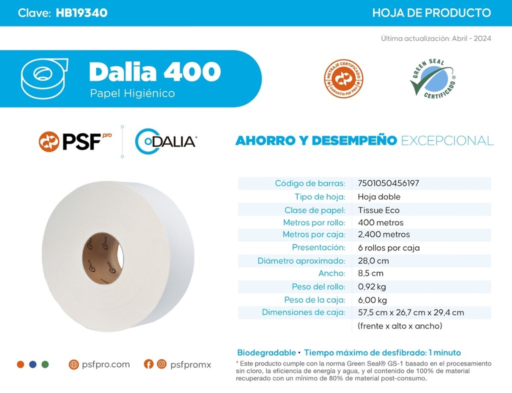 Papel Higienico 400 Mts HD400 Dalia