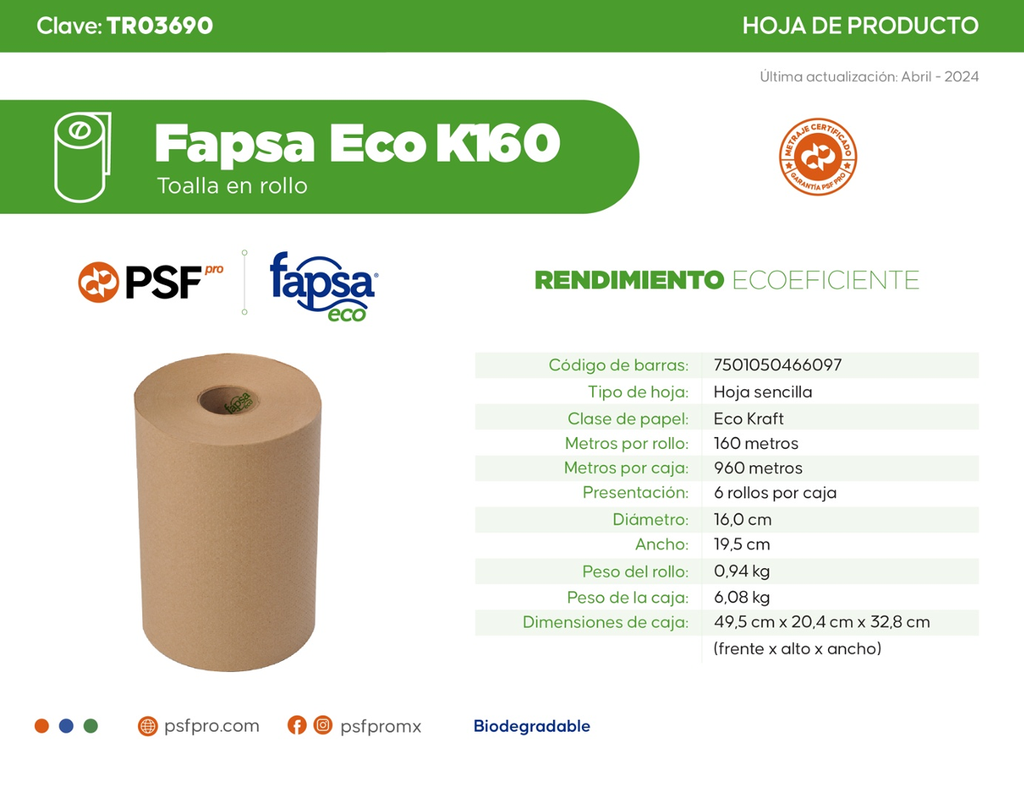 Toalla En Rollo Cafe 160 Mts K160 Fapsa Eco