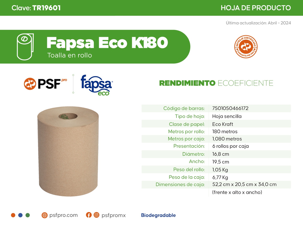 Toalla En Rollo Cafe 180 Mts K180 Fapsa Eco