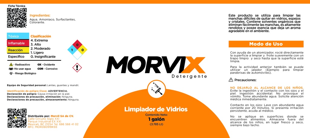 Limpiador De Vidrio 3.785 Lts Morvix