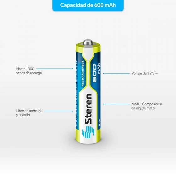 Bateria AAA Recargable Steren C/4 1.2V 600Mah 