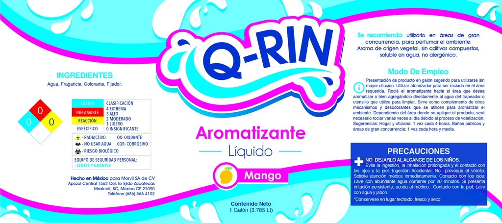 Aromatizante Q-Rin Liquido Base Agua Mango 3.785 L