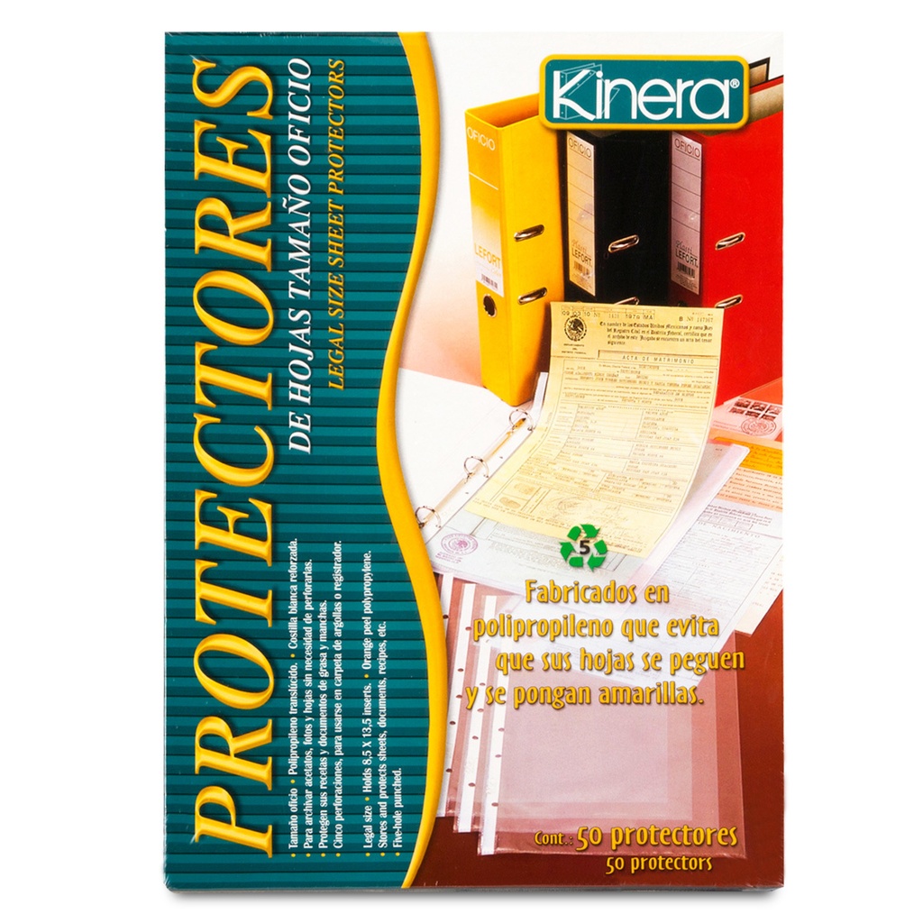 Protector de Hojas para Carpeta Tamaño Oficio con 50 Kinera