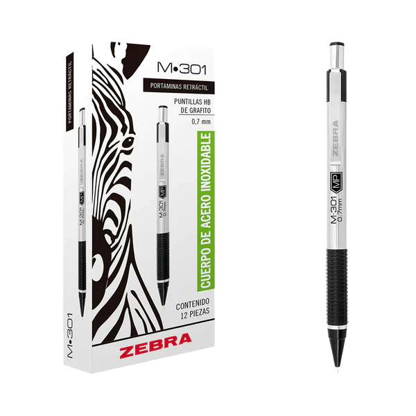 Lapicero 0.7 mm Zebra M-301 Negro/Cromo con 12
