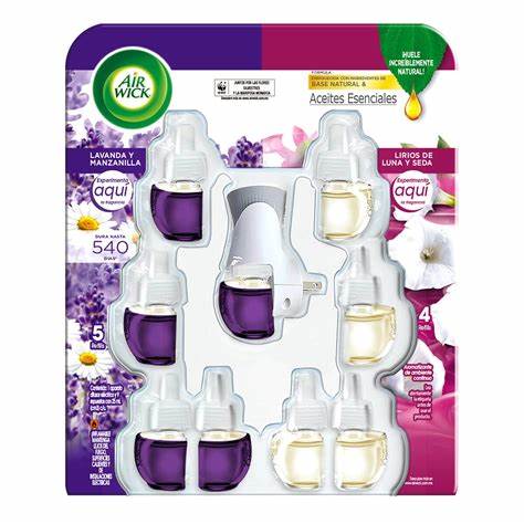 Aromatizante Air Wick de Pared Aroma Surtido con Difusor Electrico y 9 Repuestos Lavanda-Manzanilla/Lirios de Luna y Seda