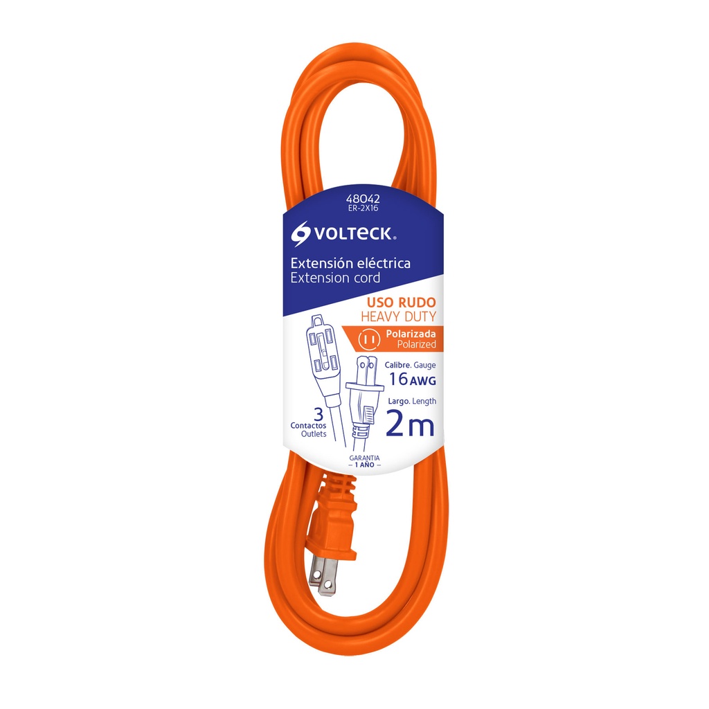 Extension Electrica 2 m de Uso Rudo Calibre 16 Volteck