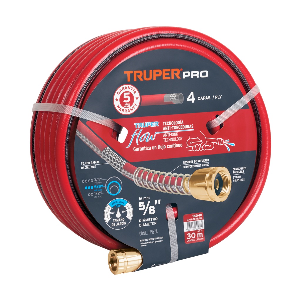 Manguera 30 m 5/8" Color Rojo Truper 