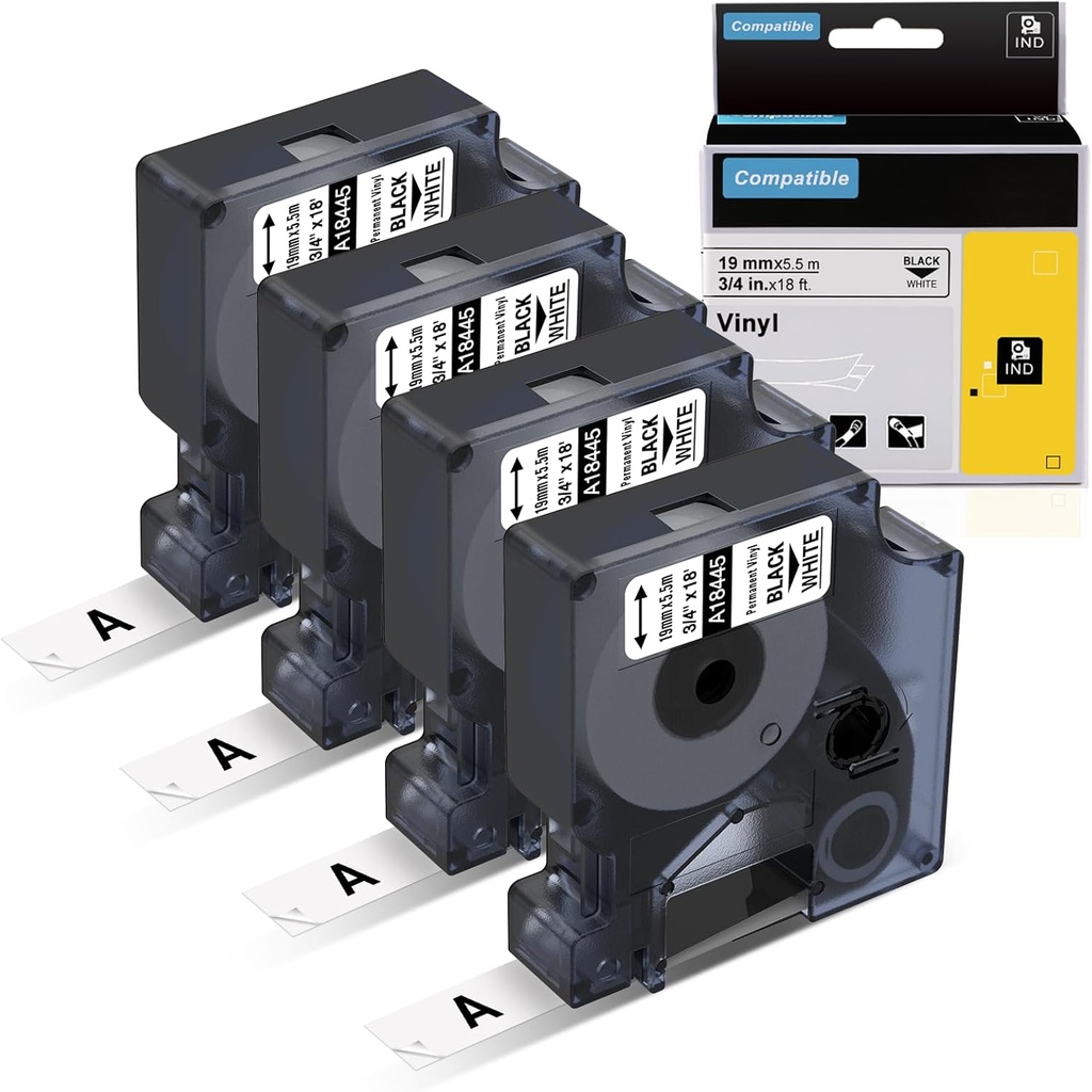 Cinta Etiquetadora Label Kingdom A18445 Repuesto Para Dymo  3/4" x 18ft Negro/Blanco con 4 Piezas