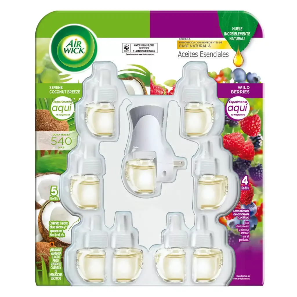Aromatizante Air Wick de Pared Aroma Surtido con Difusor Electrico y 9 Repuestos Coconut Splash/Wild Berries