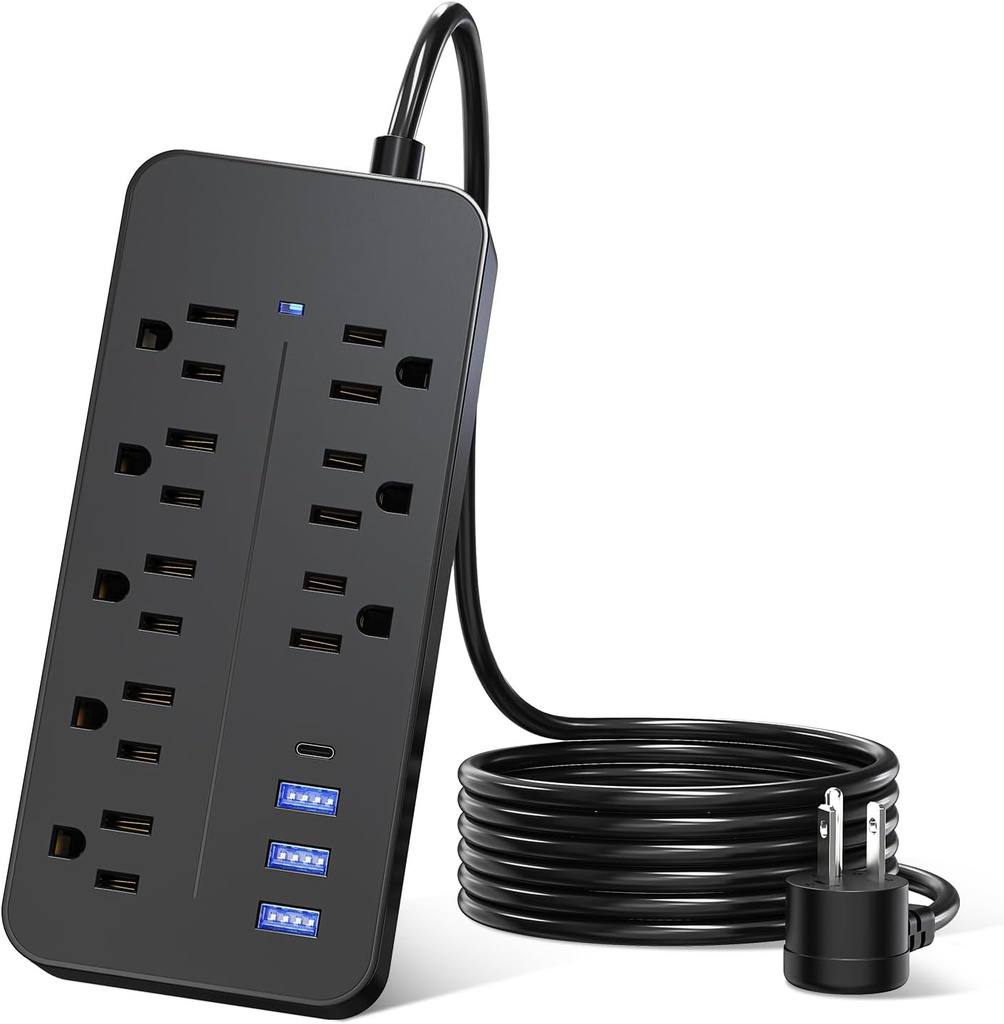 Regleta Para Conexion de 8 Tomas 4 Puertos USB y 1 Puerto USB-C 4ft Negro