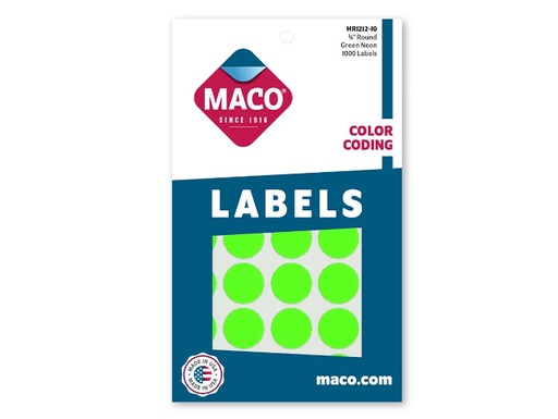 [11617] Etiqueta Redonda 3/4" Verde Fluorecente MMR1212-10 con 1000 Maco