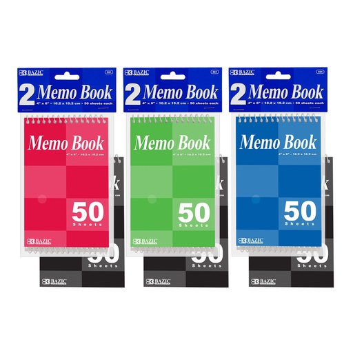 [10150] Libreta Bolsillo Memo Espiral 4'' x 6" Grande 50 Hojas Con 2 Bazic