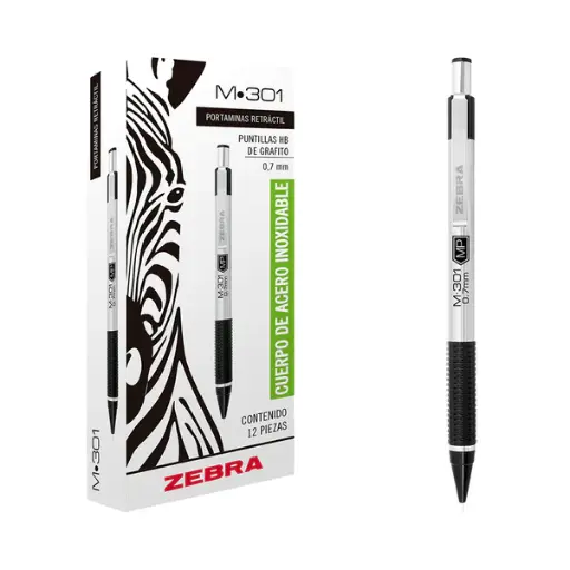 [13482] Caja de Lapiceros 0.7 mm Zebra M-301 Negro/Cromo C/12