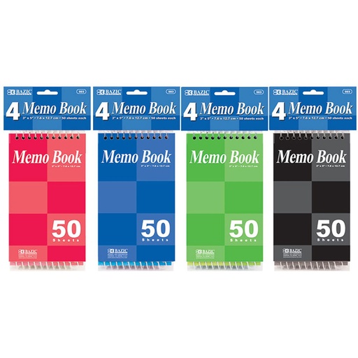 [10151] Libreta Bolsillo Memo Espiral 3'' x 5" 50 Hojas Con 4 Bazic