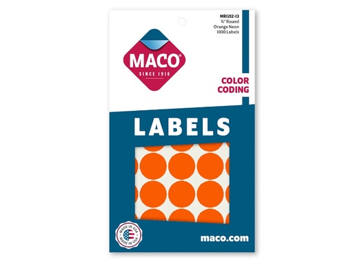 [14990] Etiqueta Redonda 3/4" Naranja Fluor (resplandor) MR1212-13 C/1000 Maco