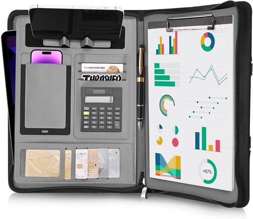 [16625] Organizador de Portafolio De Cuero Con Cremallera Negro  