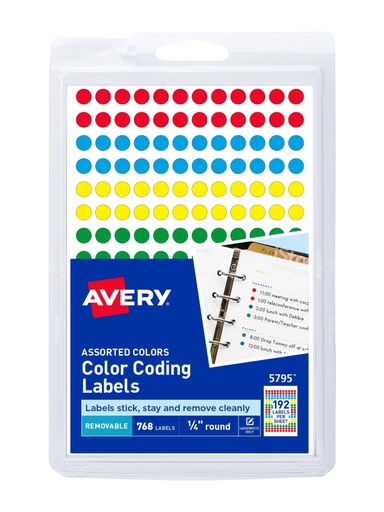 [12107] Etiqueta Redonda 1/4 Colores Surtidos C/768 Removible Avery